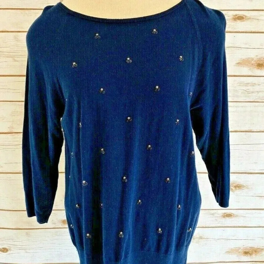 ANN TAYLOR Women 3/4 Sleeve Pull Over Blue Casual Shirt Top Size Medium Petite